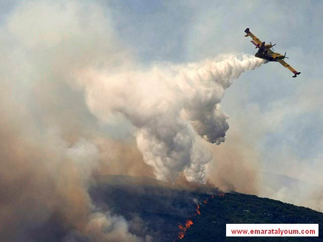 محاولة السيطرة على حرائق الغابات التي اندلعت  بمنطقة فالنسيا في اسبانيا،والتى  قضت على 4.500 آلاف هكتار من الأراضي الزراعية .-رويترز