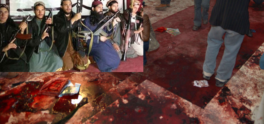دماء الضحايا على الأرض وفي الإطار صورة نشرتها طالبان للإرهابيين الذين قاموا بعملية قتل الأبرياء. ا ف ب