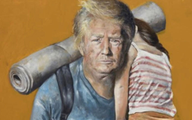 ترامب «اللاجئ» يبدو متعباً وهو يحمل طفلة وبساطاً صغيراً. من المصدر