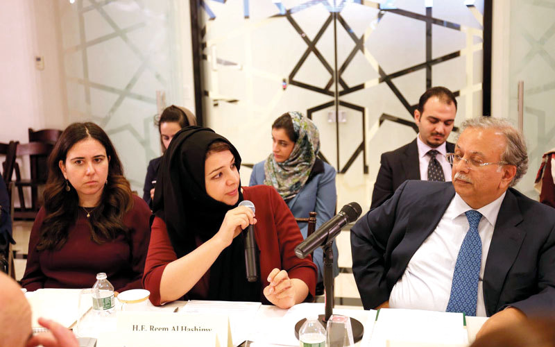 ريم الهاشمي خلال الإحاطة الإعلامية في مقر البعثة الدائمة للدولة لدى الأمم المتحدة. وام