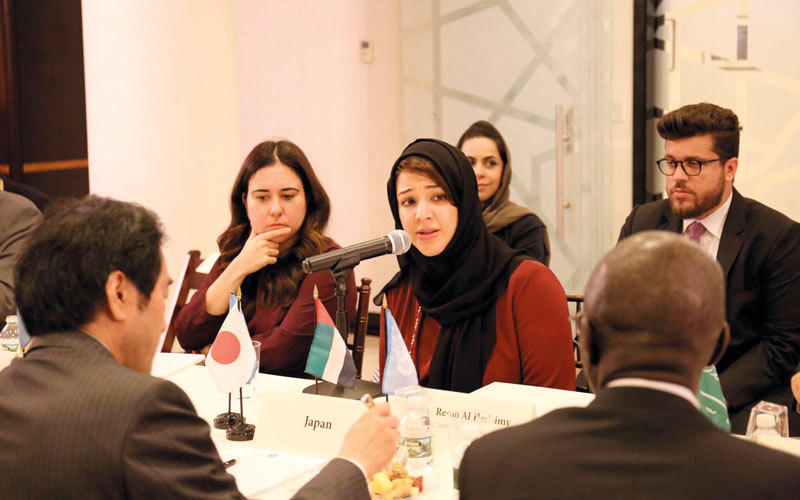 ريم الهاشمي خلال لقاء أعضاء مجلس الأمن غير الدائمين. وام