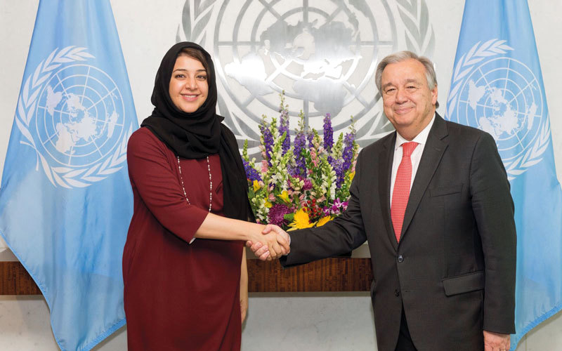 ريم الهاشمي خلال لقائها غوتيريس. وام