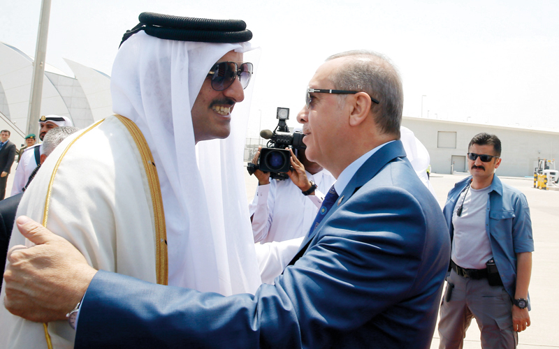 أمير قطر تميم مع الرئيس التركي أردوغان الذي يرى في الدوحة حليفاً أساسياً مع «الإخوان المسلمين». يو.بي.آي