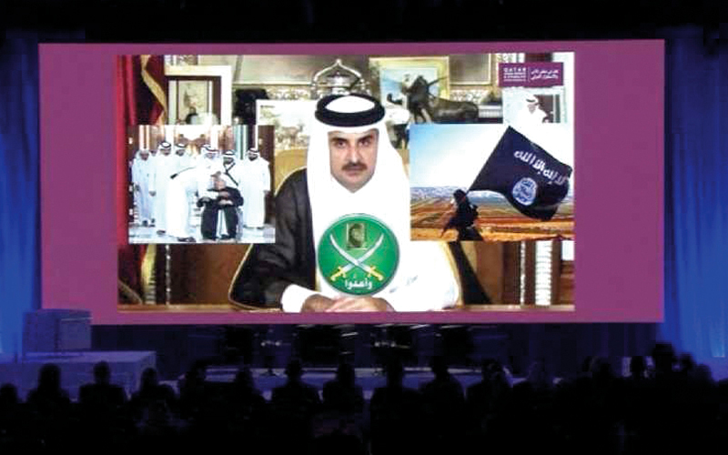 عرض فيلم تسجيلي خلال المؤتمر عن دور قطر في ما يسمى «ثورات الربيع العربي» عبر دعم الجماعات الإرهابية. من المصدر