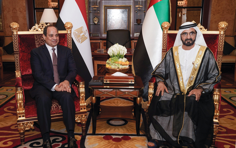 محمد بن راشد خلال استقباله عبدالفتاح السيسي في قصر زعبيل. من المصدر