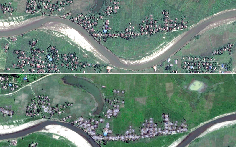 صورة بالأقمار الاصطناعية لعشرات القرى التي دمّرتها الحكومة البورمية بعد أن شرّدت سكانها من مسلمي الروهينغا. أ.ف.ب