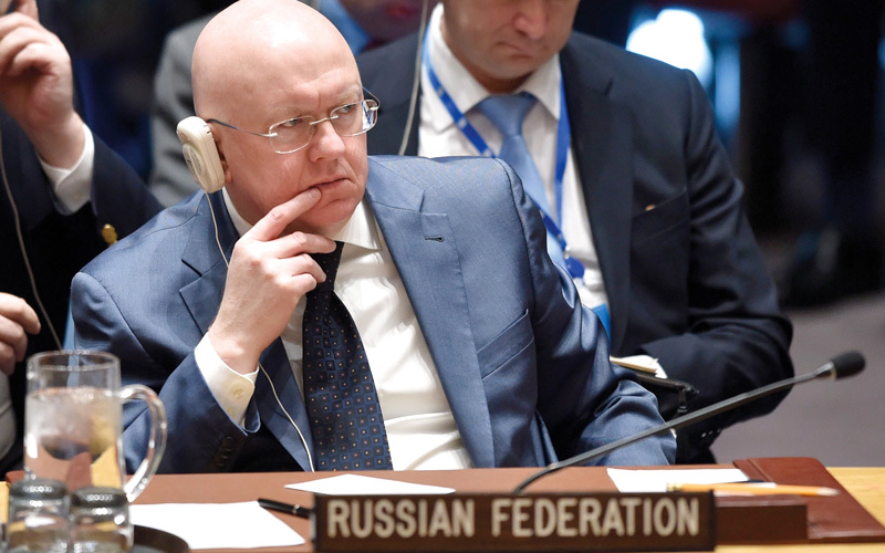 السفير الروسي لدى الأمم المتحدة فاسيلي نيبنزيا خلال الجلسة.

أ.ف.ب