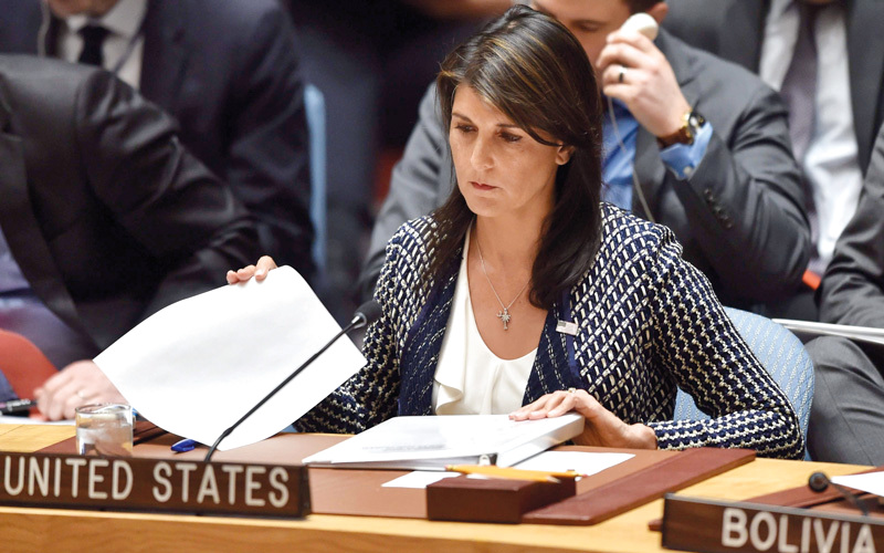 المندوبة الأميركية نيكي هيلي خلال جلسة مجلس الأمن الدولي.

أ.ف.ب