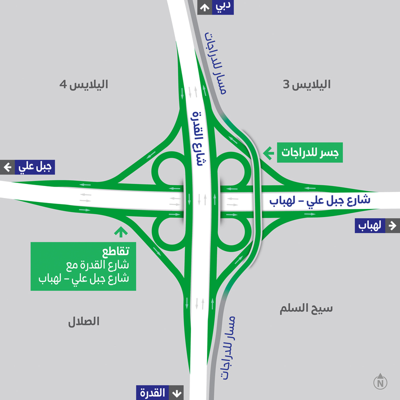 مخطط لتطوير تقاطع شارع القدرة مع شارع جبل علي - لهباب. من المصدر