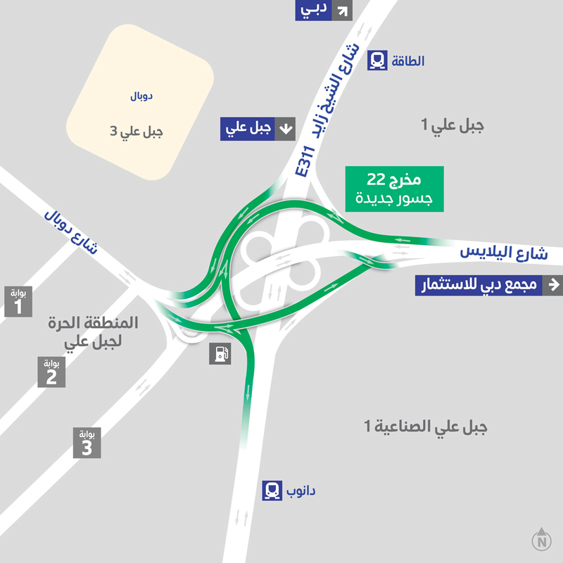 خريطة توضح الطرق البديلة للحركة المرورية القادمة من جبل علي إلى شارع اليلايس. من المصدر
