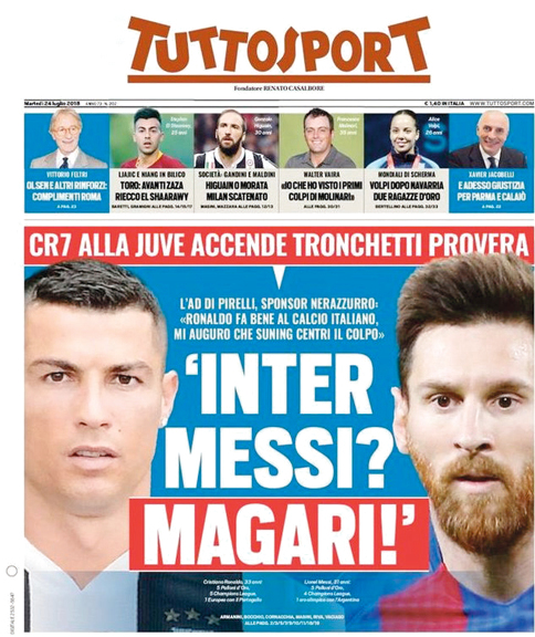 غلاف «توتو سبورت» الإيطالية يتحدث عن إمكانية ظهور ميسي مع رونالدو في الدوري الإيطالي.