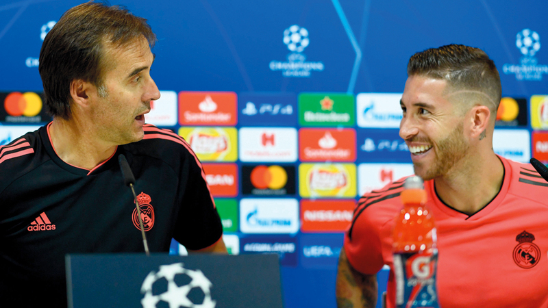 مدرب الريال لوبيتيغي مع راموس خلال المؤتمر الصحافي قبل المباراة. أ.ف.ب