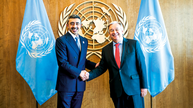 أمين عام الأمم المتحدة يستقبل عبدالله بن زايد ويشيد بدور الإمارات الإنساني