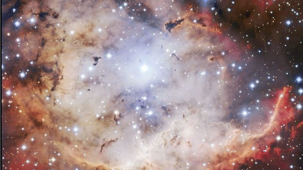 صورة التقطها تيليسكوب، لمنطقة نجمية نشطة جدا، تظهر الصورة الرماد والغاز ونجوما متلألئة صغيرة.
