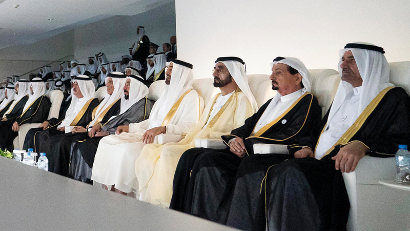 محمد بن راشد ومحمد بن زايد وحكام الإمارات خلال الاحتفال الرسمي باليوم الوطني الـ47. من المصدر