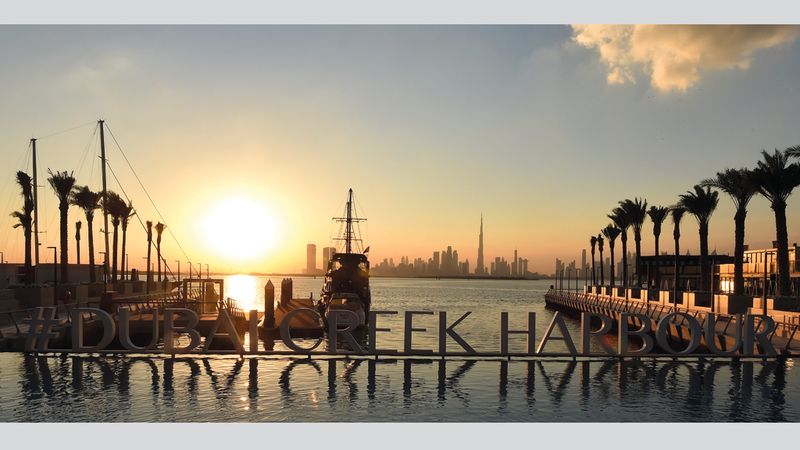 ومن أشهرها طيور النحام الوردية، ويطل على منظر عام لمدينة دبي يتوسطها برج خليفة.