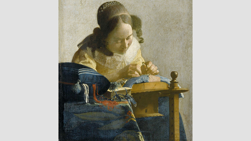 اللوحة الشهيرة «صانعة الدانتيل» التي يتوقع أنها رسمت «1669 - 1670». من المصدر
