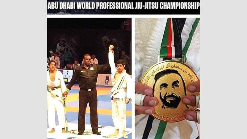 لحظة فوز المرزوقي بالمركز الأول في بطولة أبوظبي للجوجيتسو 2014. من المصدر