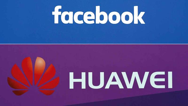 شعارا «فيس بوك» و«هواوي»: «فيس بوك» ستتوقف عن السماح لـ«هواوي» باستخدام منصتها للتواصل الاجتماعي التزاماً بالعقوبات الأميركية. أ.ف.ب