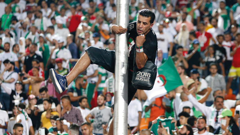 مشجع جزائري يعتلي عمود الإضاءة في استاد القاهرة خلال مباراة الجزائر ونيجيريا. أ.ب