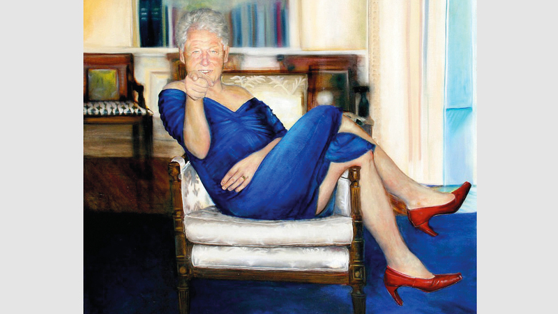 اللوحة ويبدو فيها الرئيس كلينتون في المكتب البيضاوي وهو يرتدي ثوب مونيكا.  من المصدر