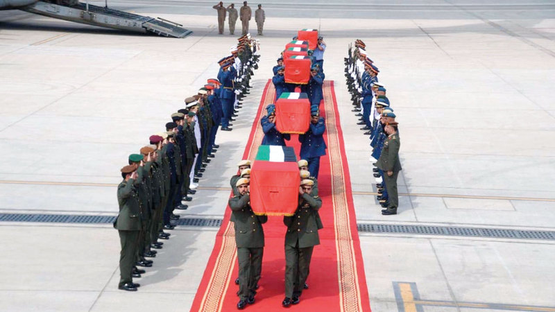 خلال المراسم العسكرية الخاصة باستقبال جثامين الشهداء. وام