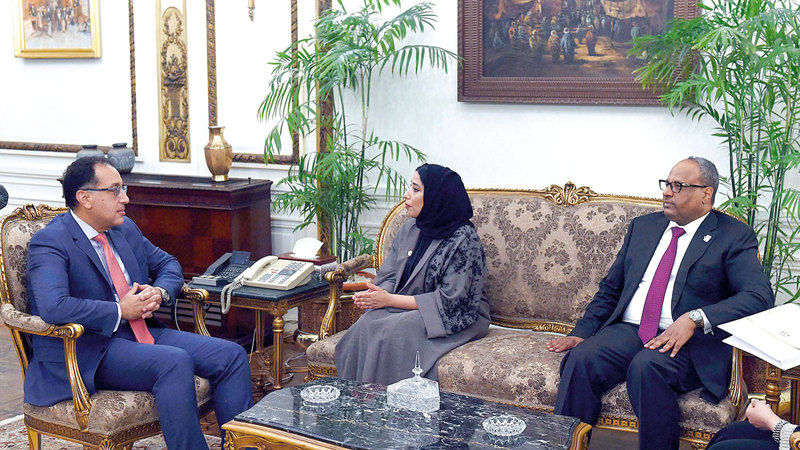 رئيس الوزراء المصري خلال استقبال منى المري. من المصدر