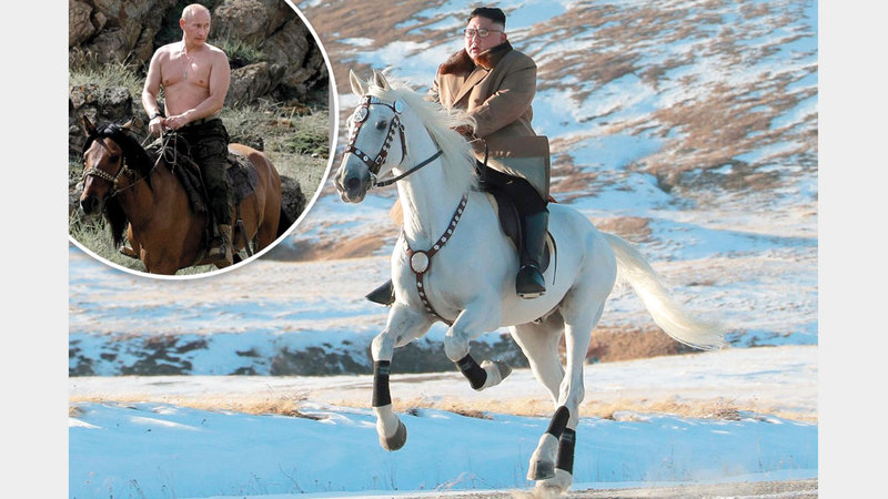 كيم يحب ركوب الخيل.. وفي الصورة بوتين في براري سيبيريا. رويترز