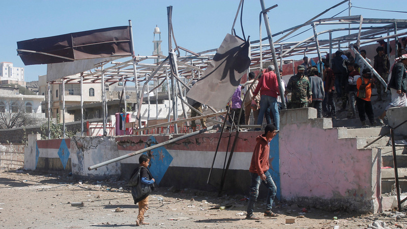 موقع العرض العسكري في الضالع عقب استهدافه. رويترز