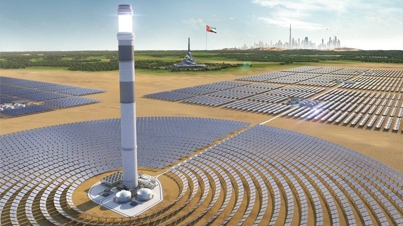 مشروع الطاقة الشمسية المركزة في مجمع محمد بن راشد آل مكتوم للطاقة الشمسية. ■ من المصدر