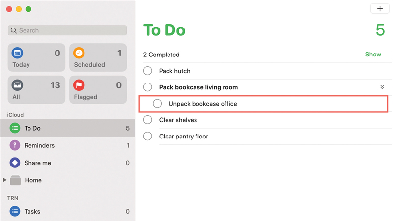 إنشاء تذكير فرعي في تطبيق Reminders