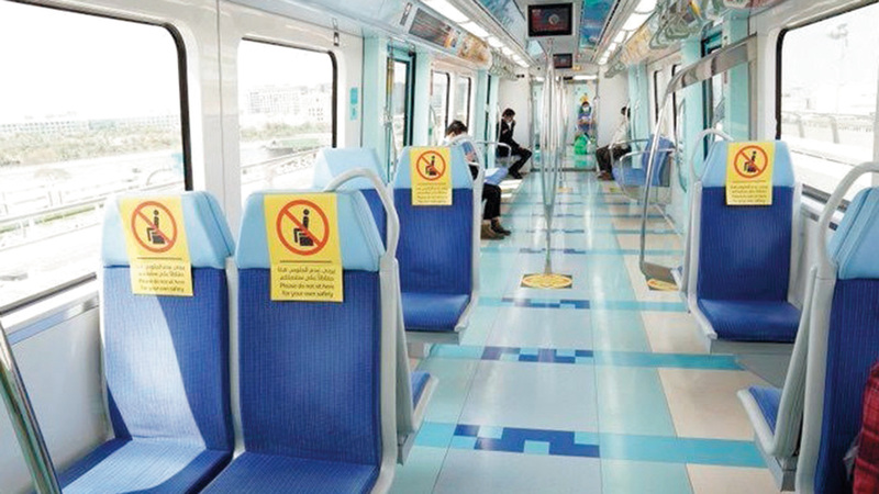 وضع علامات تحدد المسافات الآمنة داخل مترو دبي. من المصدر