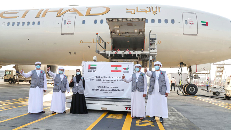 الطائرة هي الرابعة ضمن جسر الإمارات الجوي للحد من المعاناة الإنسانية الناجمة عن انفجار بيروت.  أرشيفية