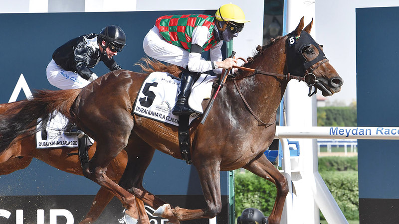 الجواد &laquo;ديريان&raquo; يفتتح انتصارات خيول الإمارات في نسخة اليوبيل الفضي من أمسية كأس دبي العالمي.   تصوير: أسامة أبوغانم