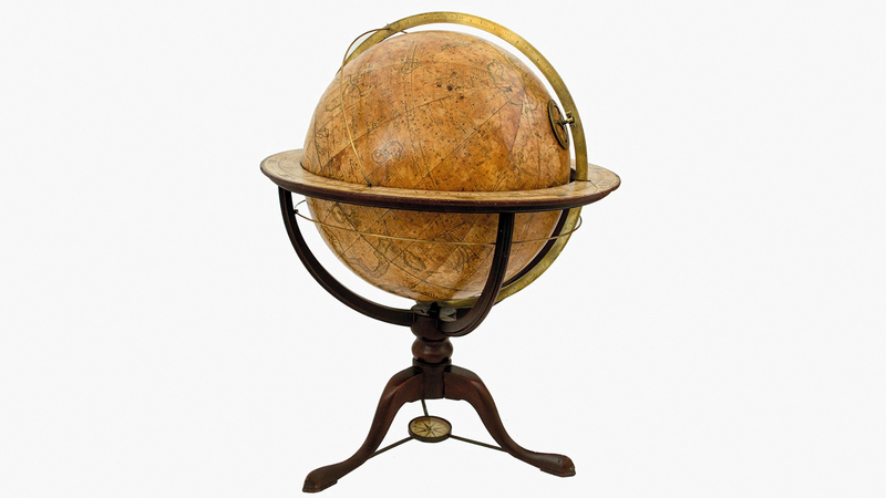 مجسم للكرة الأرضية ومجسم للكرة السماوية صدرا في روما بين عامي 1632 و1636.   من المصدر