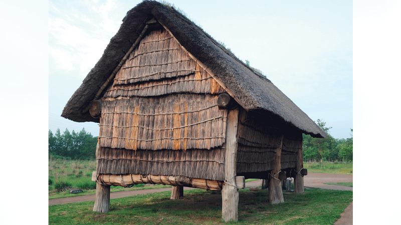 بيت أعيد بناؤه ينتمي لحضارة جومون في موقع حفريات شاناي ماروياما الأثري.  إي.بي.إيه