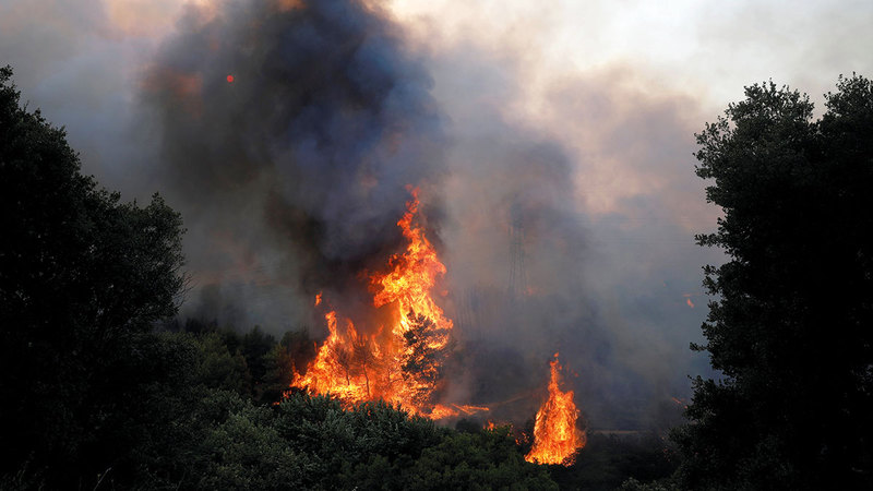 أعمدة الدخان وألسنة اللهب تتصاعد في فاربوبي شمال أثينا.  رويترز