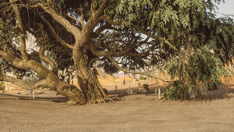 فضاء المنصّة يمثّل مشهداً واقعياً من صحراء الشارقة.  من المصدر