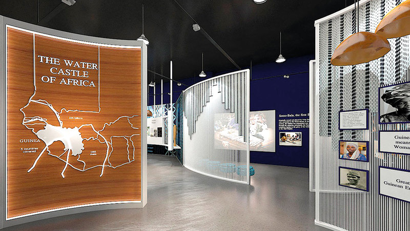 نحاتون ومصممون وفنانون ومصورون وخبراء رواية قصص أسهموا في جعل الجناح الغيني فريداً من نوعه.  من المصدر