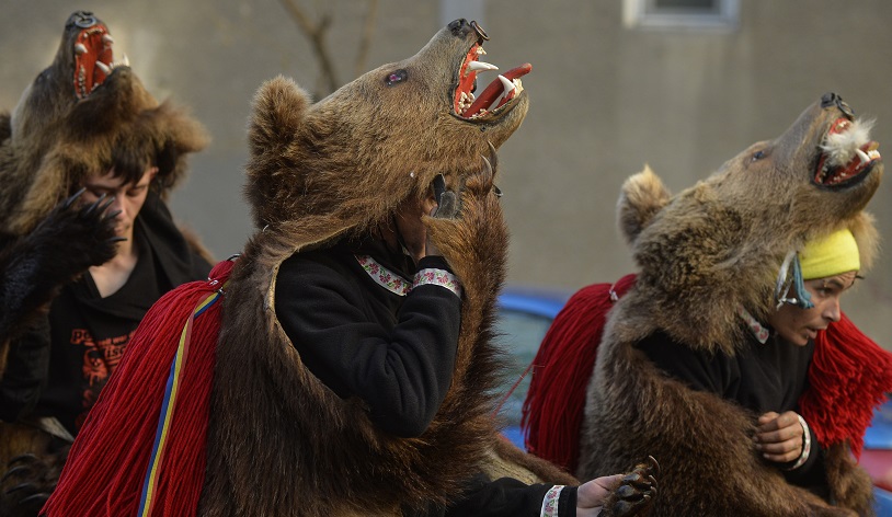 أشخاص من شمال رومانيا يؤدون رقصة الدب في عيد الميلاد وطقوس رأس السنة الجديدة في بوخارست برومانيا. الصور عن وكالات