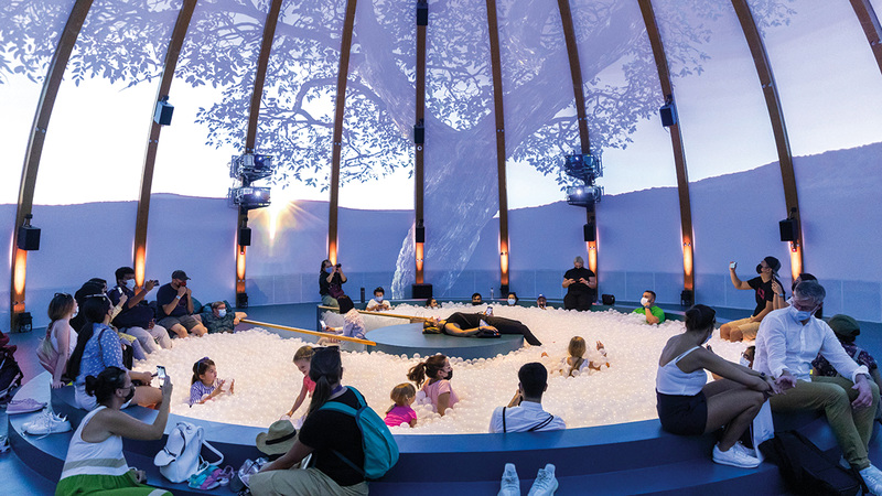 يمكن لزائر الجناح الاستمتاع بتجربة مياه غامرة داخل القبة.   من المصدر