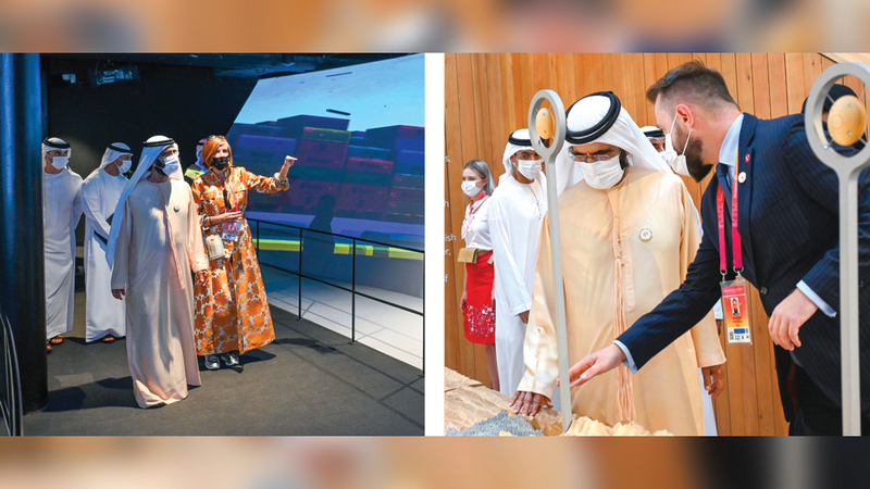 محمد بن راشد خلال زيارته أجنحة بولندا وبلجيكا وتايلاند.   من المصدر