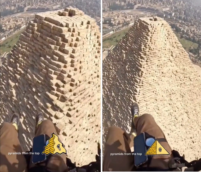    لقطة نادرة من أعلى قمة هرم خوفو ونقوش فرعونية على الحجار (فيديو)