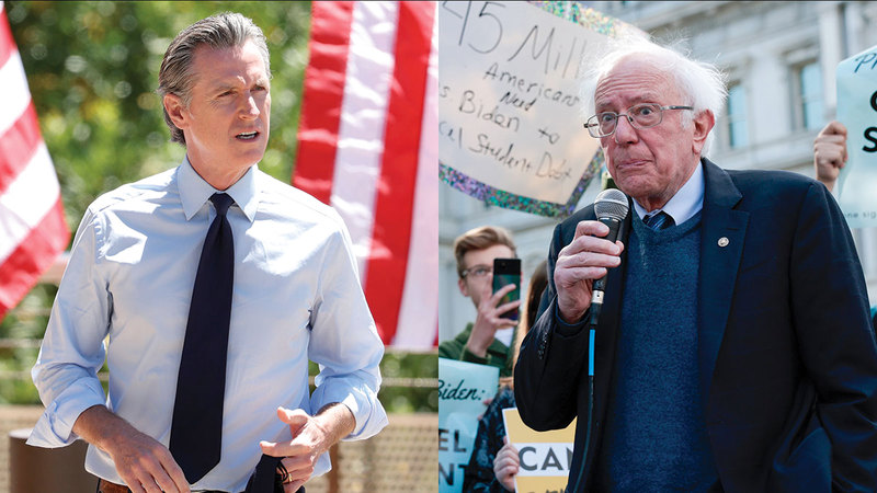 نيوسوم (يسار) وبيرني ساندرز هما المفضلان لدى ناخبي كاليفورنيا.   أرشيفية
