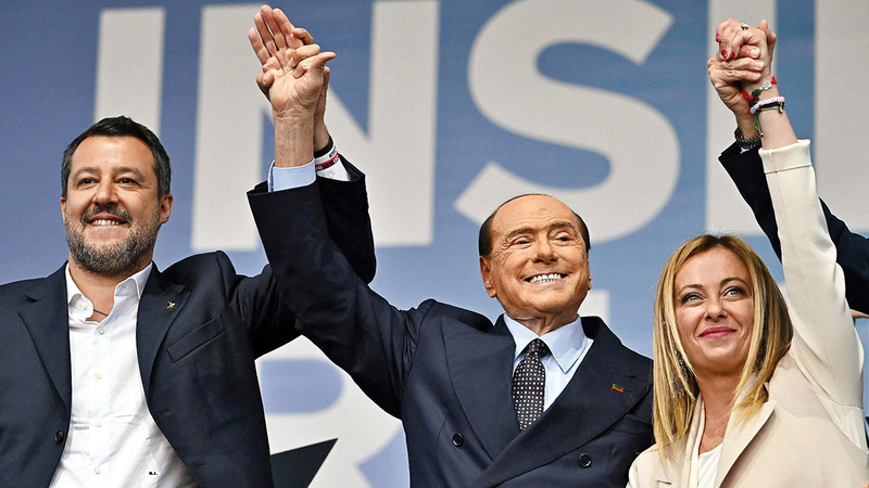 ميلوني وبيرلسكوني وسالفيني يحتفلون بالانتصار.   أرشيفية