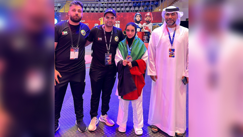 Moza Al Dhaheri presents the UAE with the Arab bronze medal for Taekwondo