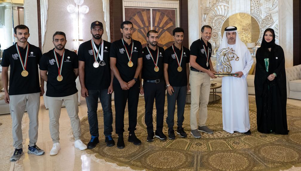 Hazza bin Zayed receives the UAE show jumping team and congratulates them on qualifying for the Paris Olympics