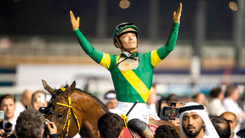 &laquo;الفارس الياباني يوجا كواجا يحتفل على صهوة الجواد &laquo;يوشبا تيسورو&raquo;&raquo;.   تصوير: باتريك كاستيلو