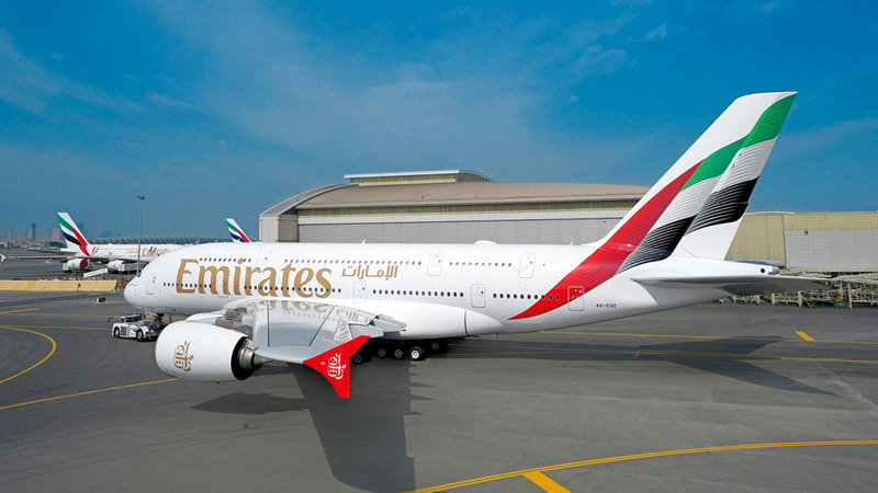 «A380» أكبر الطائرات ضمن أسطول «طيران الإمارات» بسعة 615 مقعداً.  أرشيفية