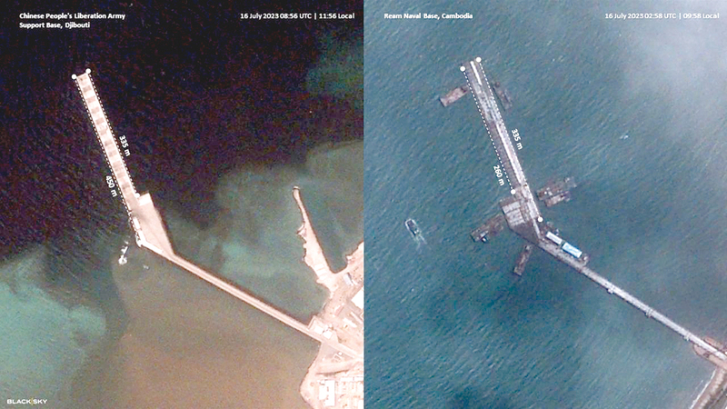 صورة بالأقمار الفضائية تظهر انتشار القواعد البحرية الصينية.  من المصدر